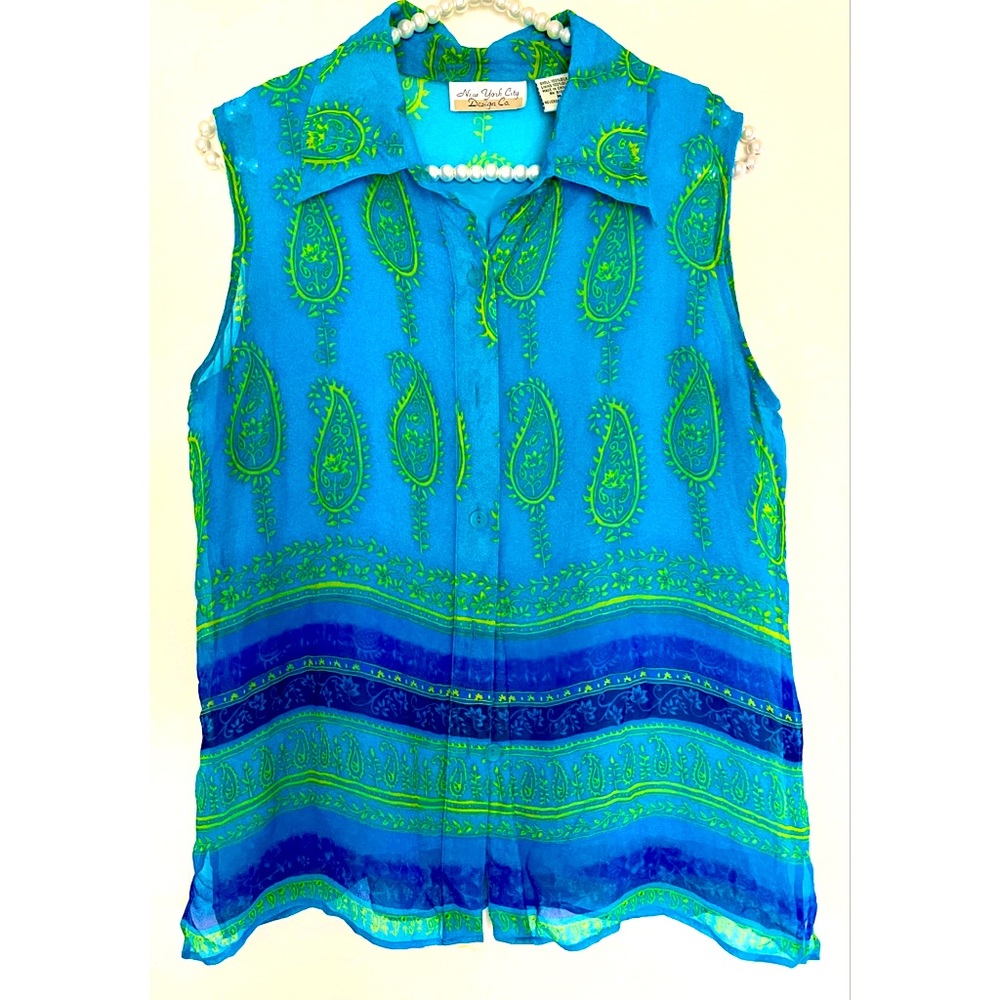 Beautiful York City Design 100% Silk 2-Piece Sleeveless Blue Top Cami Blouse M